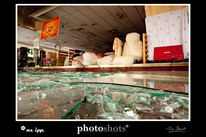 Smashed shop front, Farmers store, Colombo St, near The Square.