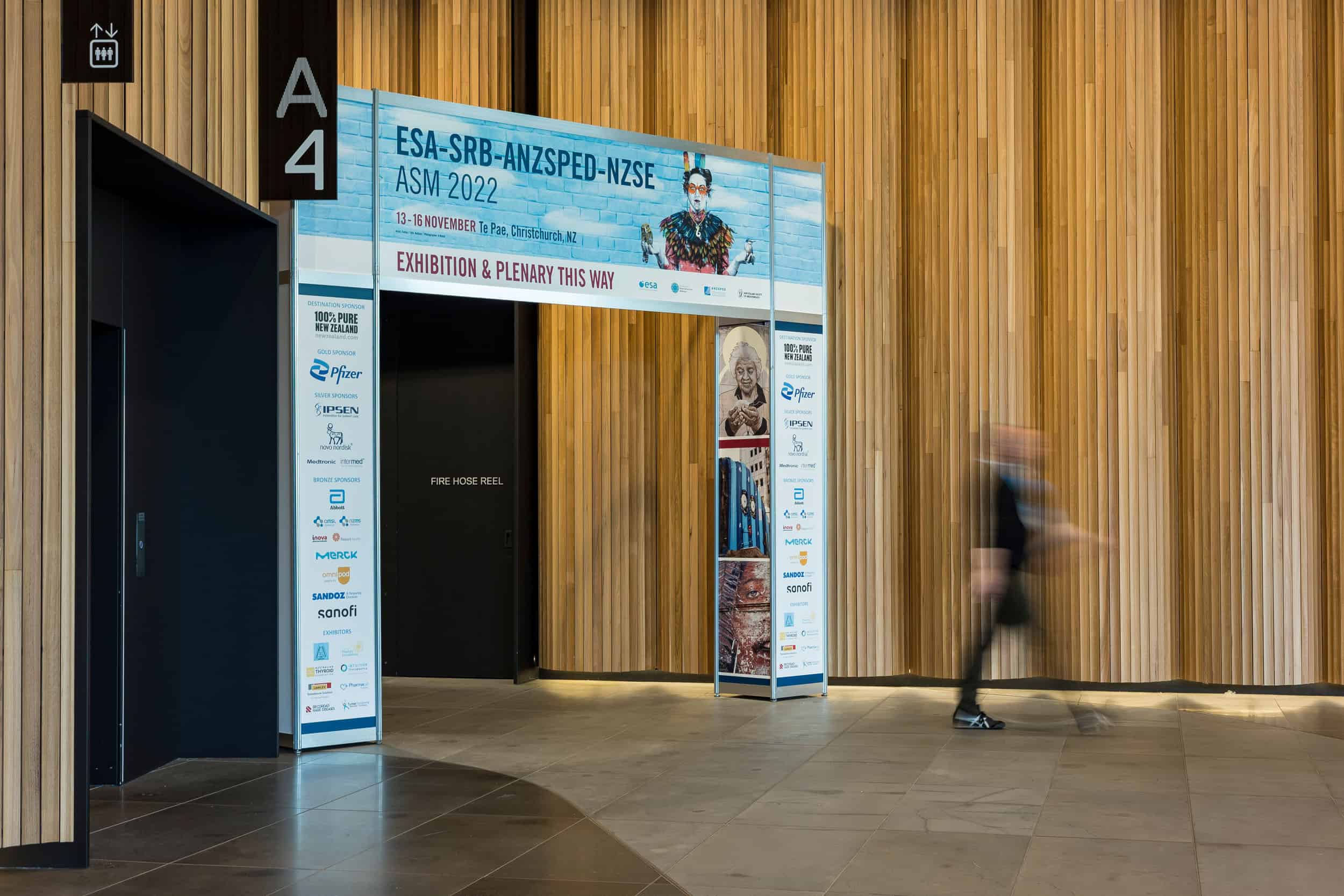 Sponsors arch by main auditorium doors Te Pae Christchurch.