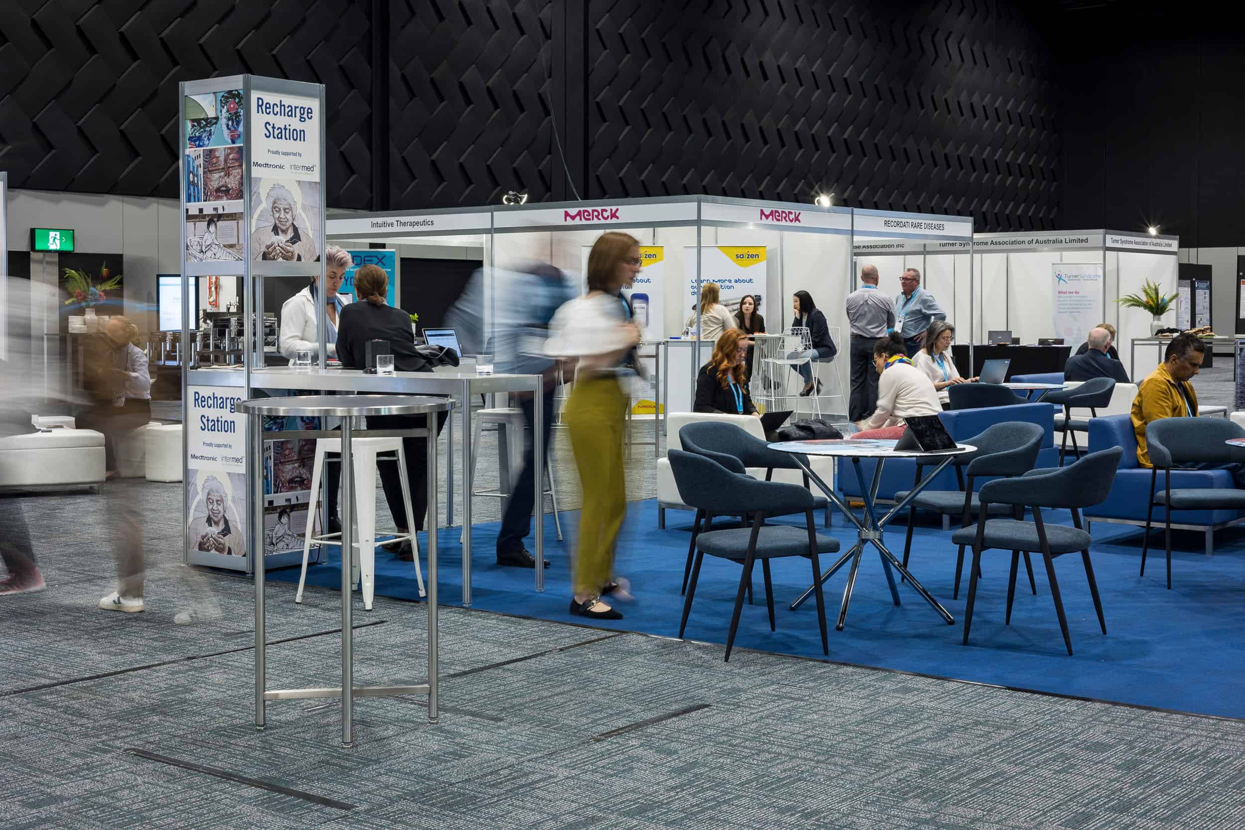 Exhibition hall set out with sponsors stands at pharmaceutical conference, Te Pae Christchurch.