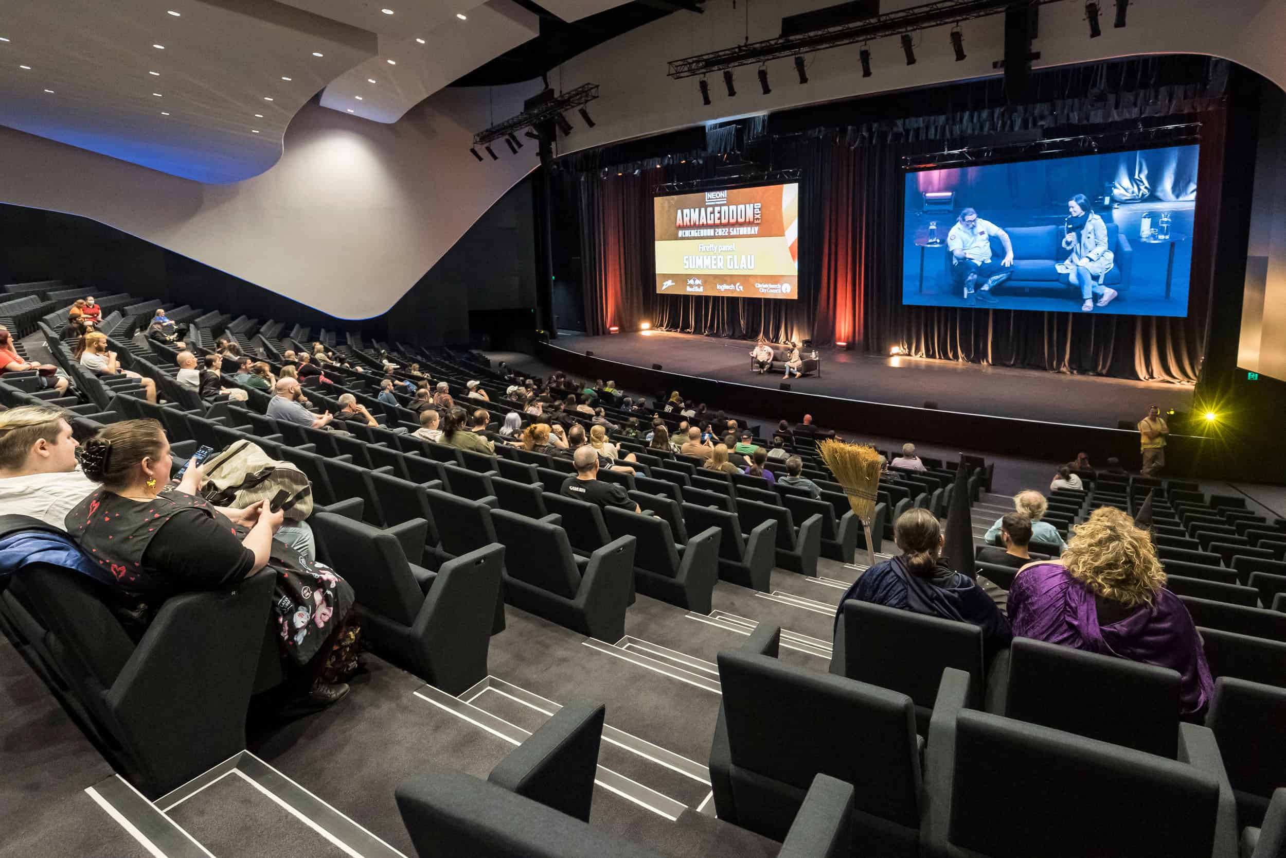 Stage discussion during Armageddon event at Te Pae, Christchurch.