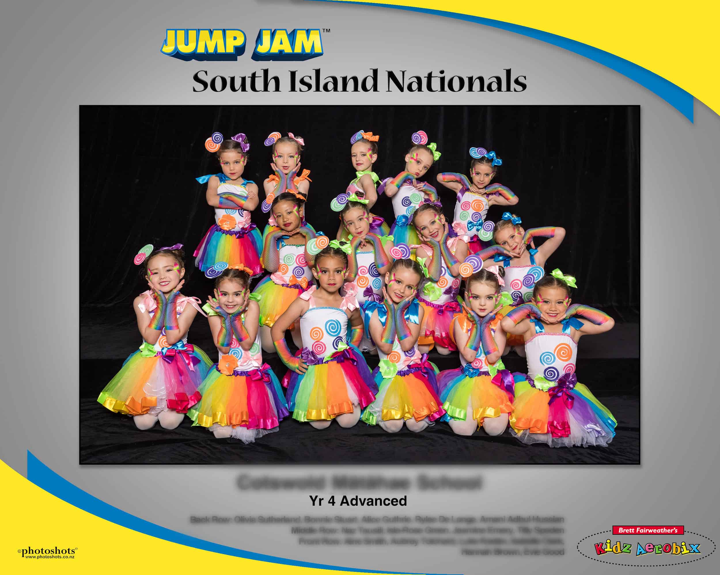 Primary school girls dressed for their Jump Jam performance pose in character for their photo before national competition.