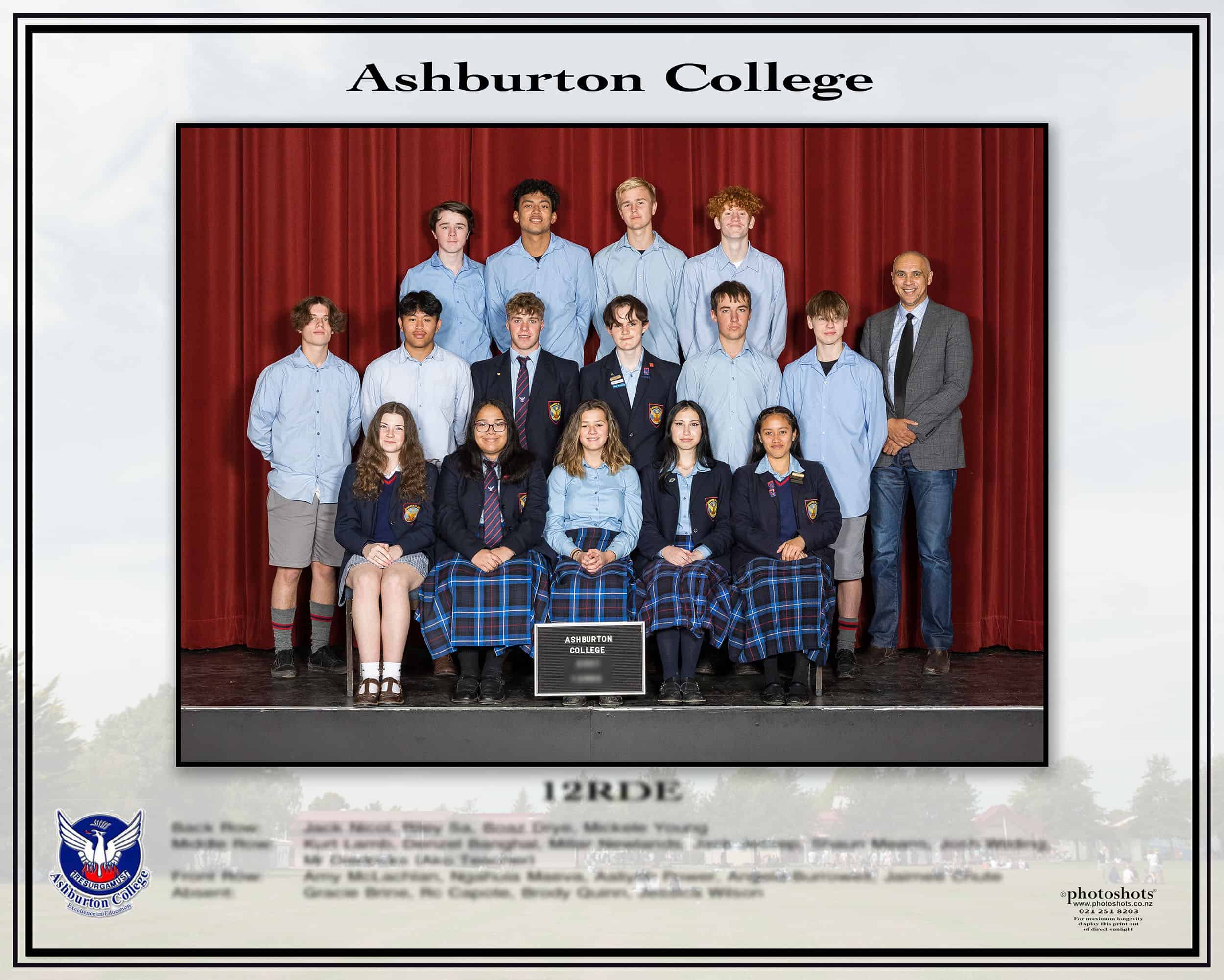 Class photo from Ashburton College laid out in an 8x10in template, with logo and names.