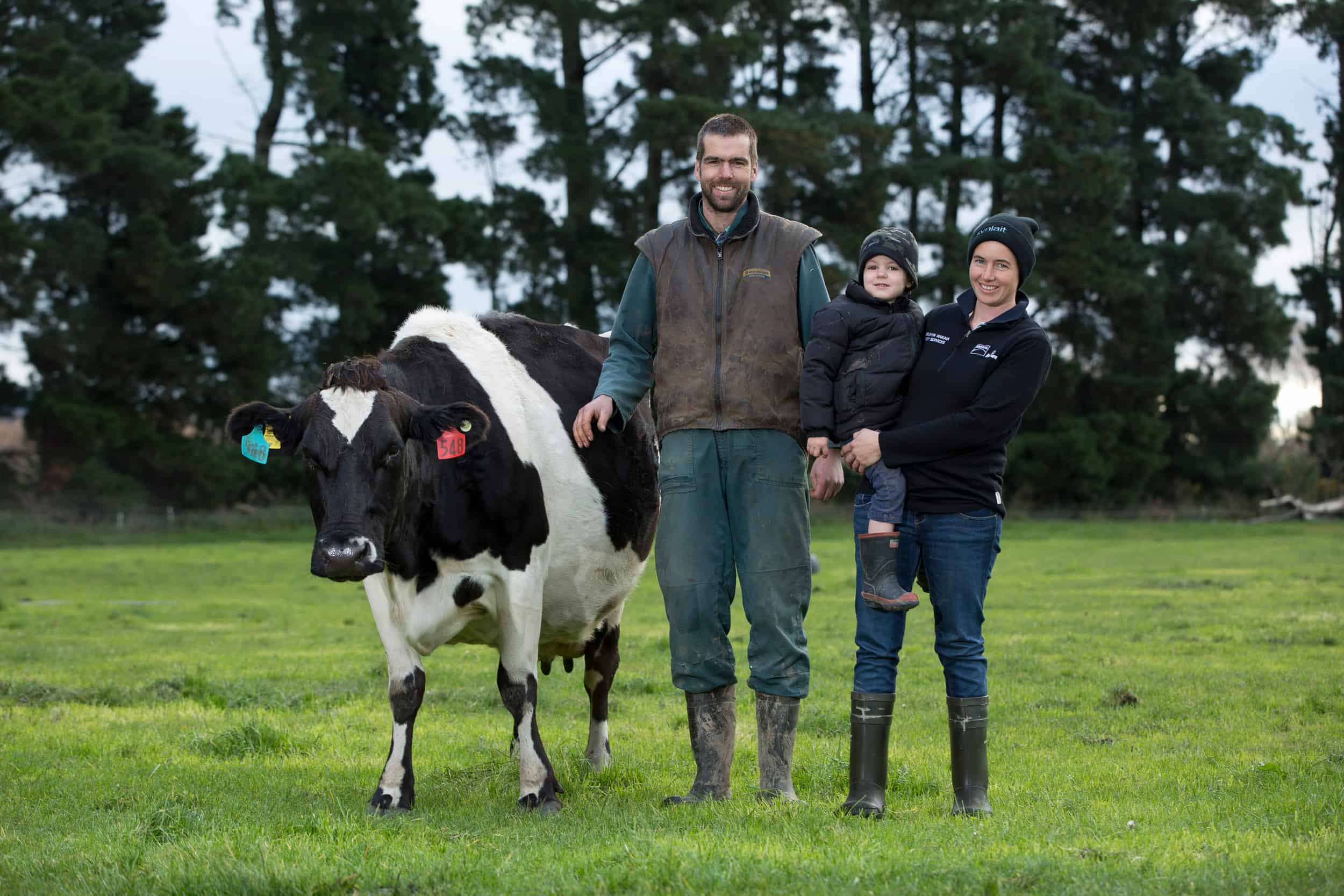 Dairy farming family pose with prize cow in paddock, Rakaia Gorge area.