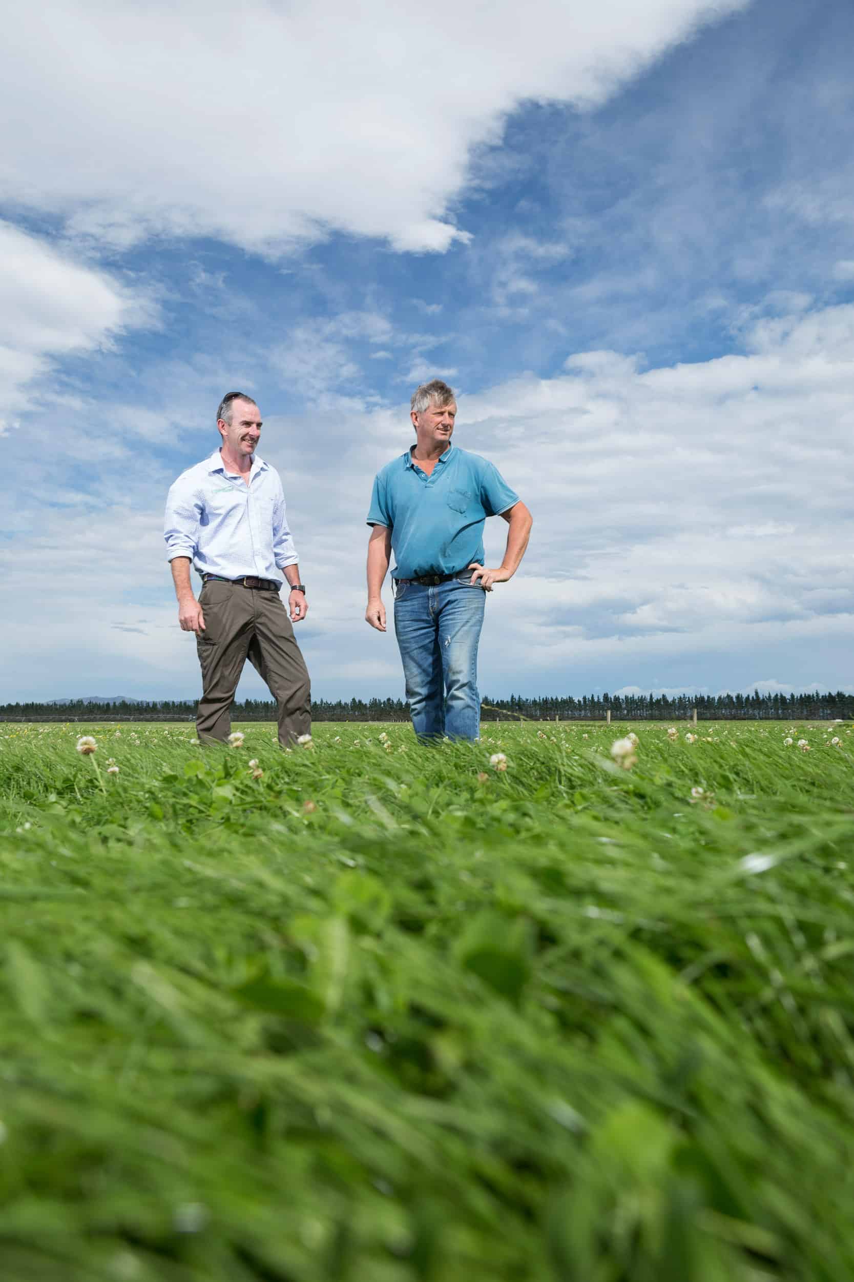 Agri rep meets with farmer in field of long grass.