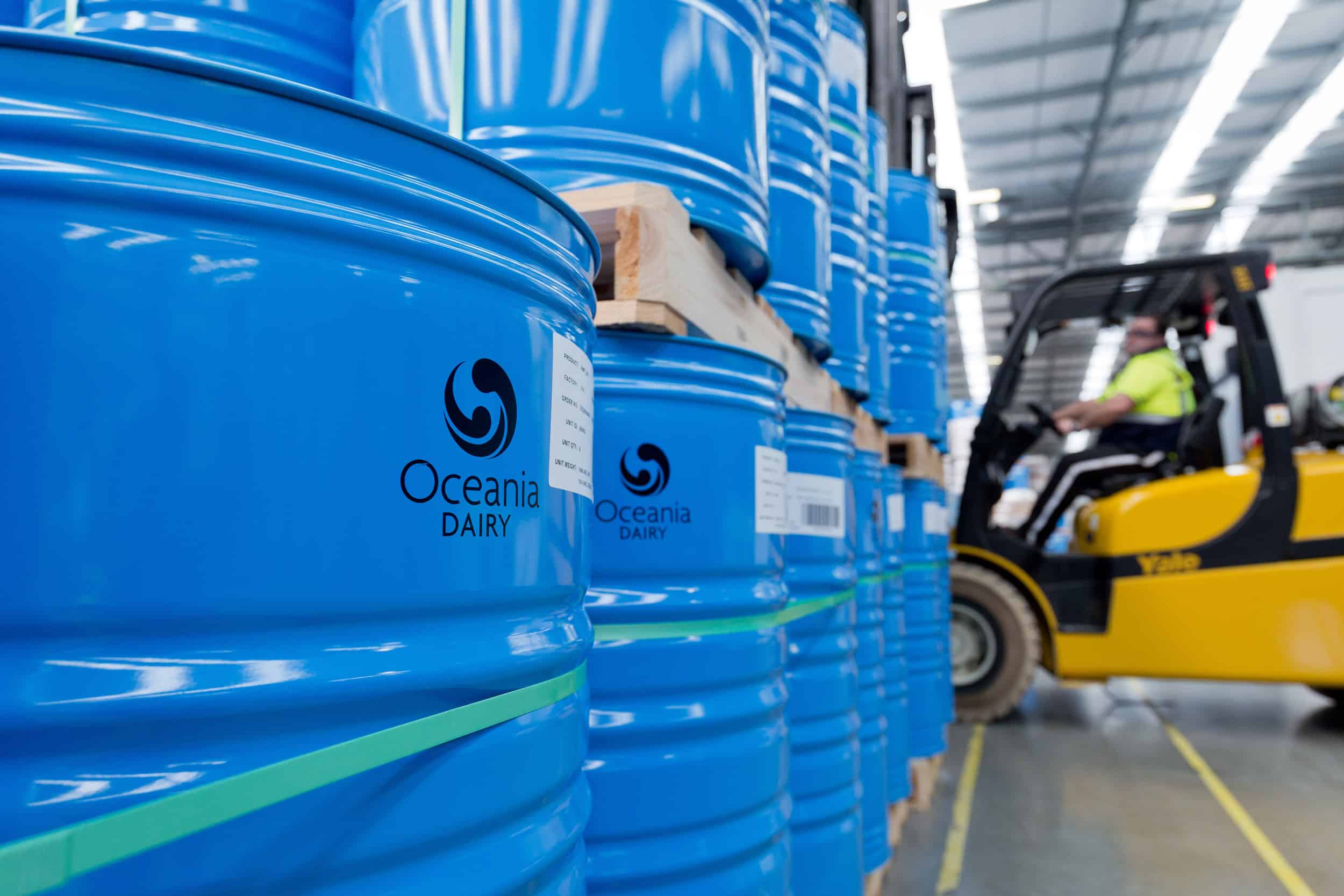 Vats of milk solids in warehouse North Otago.