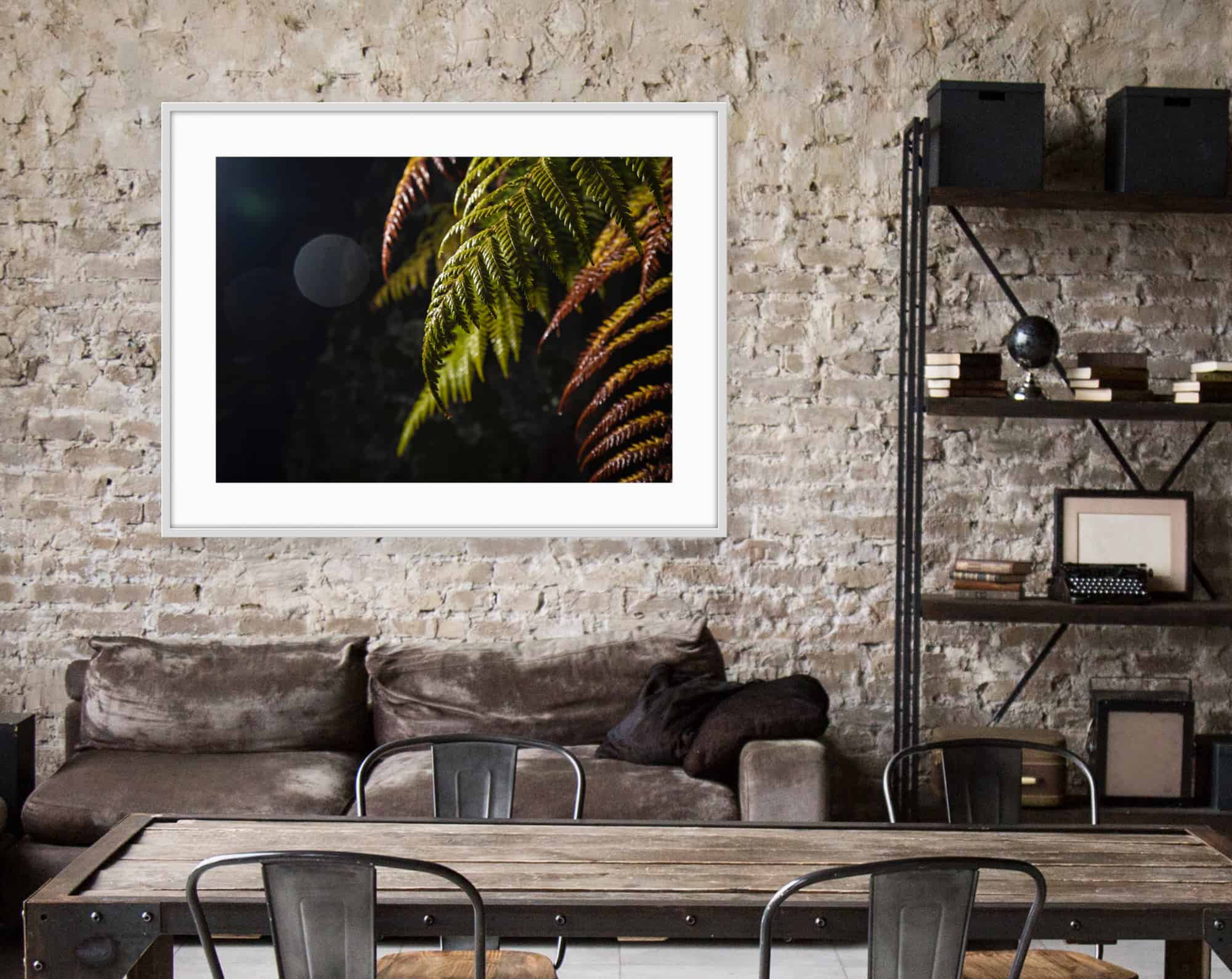 Framed and matted wall print taken by Christchurch photographer Tony Stewart, hung up in a living room.