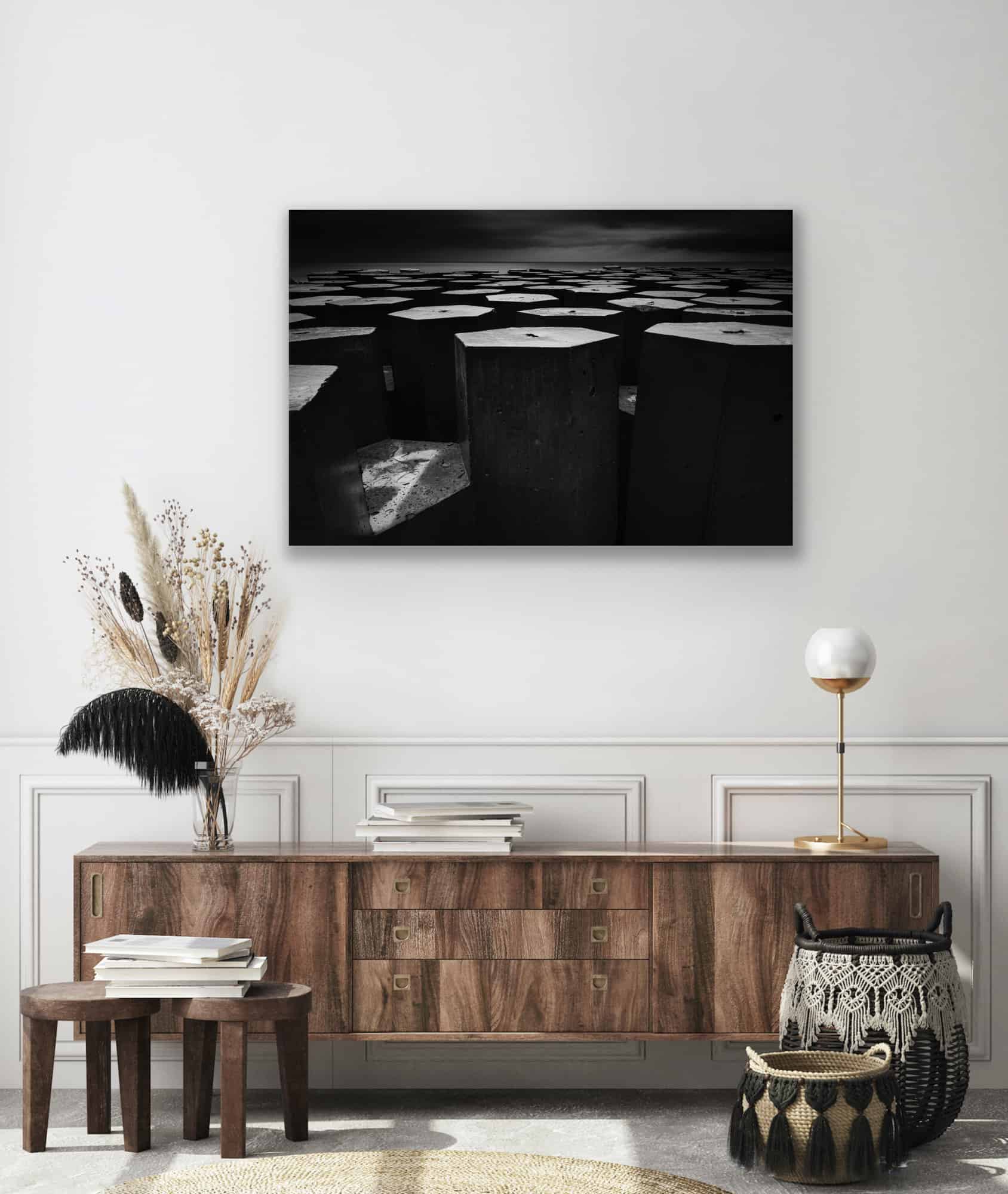 Moody black and white canvas displayed on a lounge wall, taken by Christchurch photographer Tony Stewart.